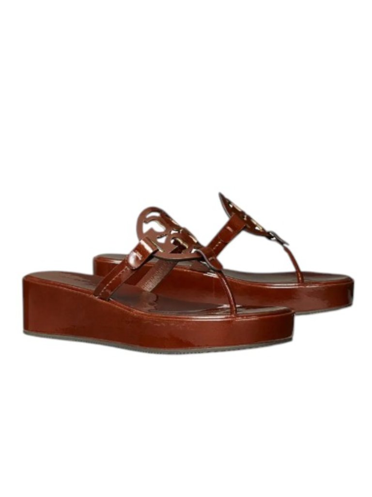 New Tory Burch Miller Wedge 25mm Patent Leather Russet Brown Us W6.5